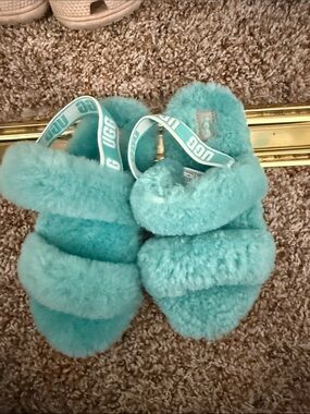 UGG Kids Teal Fluff Slides - Plush Shearling Double-Band Slippers